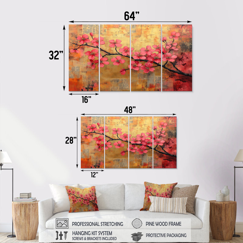 «Cherry Blossom I», art mural rose et rose, H 32 po x l 64 po