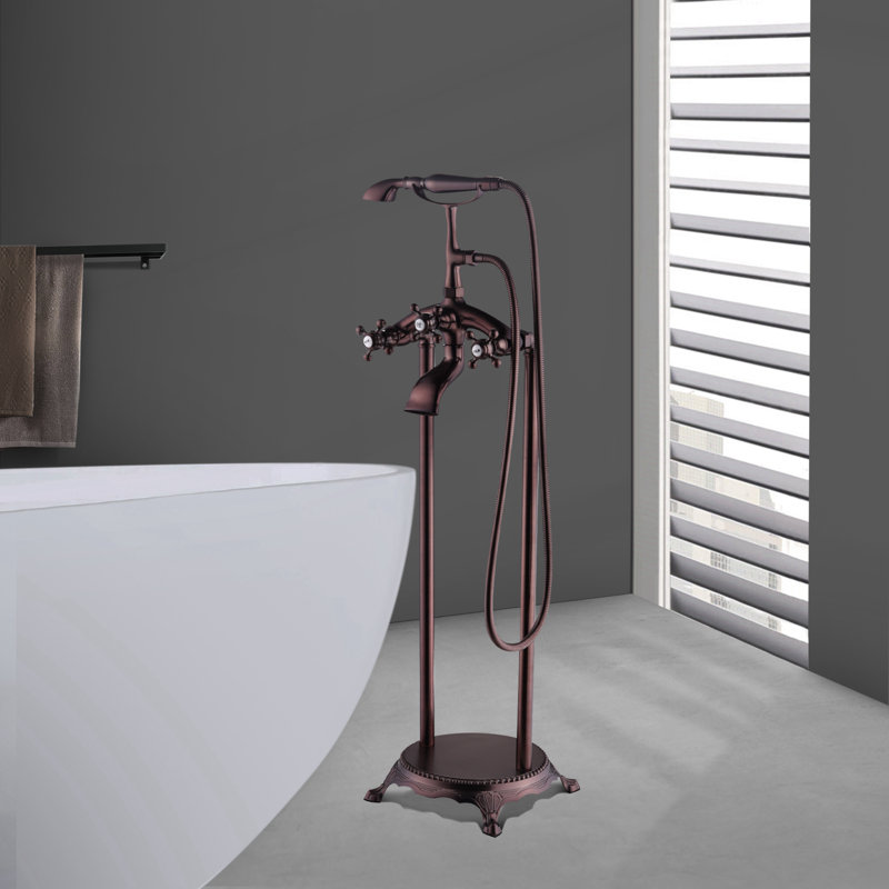 39-3/4 In. Double-Handle Freestanding Floor Mounted Bathtub Filler Faucets With Hand Held Shower Head In, Oil Rubbed Bronze