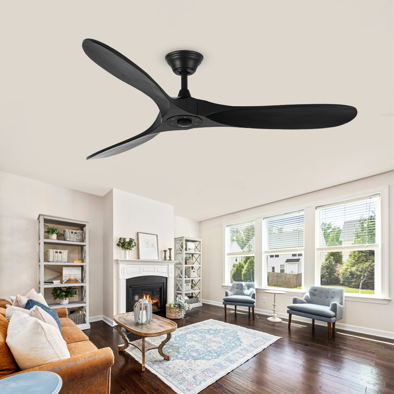 Solid Wood Ceiling Fan with  Remote, 152cm, Black