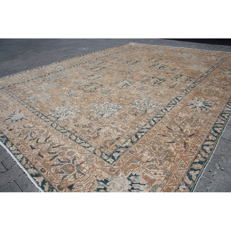 Tapis turc Oushak fait à la main en laine beige - Design rétro pour le décor du salon