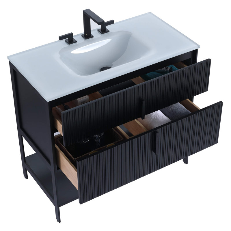 Meuble-lavabo simple avec plateau en verre Millisa, Laiton satiné, Blanc mat, 36"