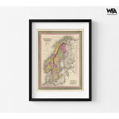 Suède et Norvège 1849, impression rétro de la Suède, carte de la Norvège, carte du vieux Continent, affiche de voyage, décoration murale européenne antique