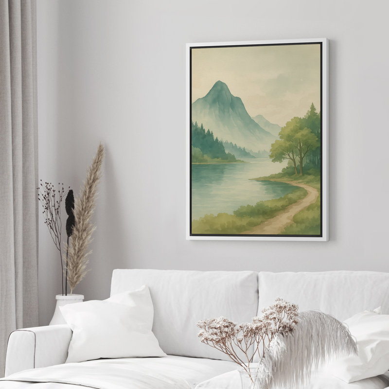 «Green Mountain and River», art mural, paysage d'aquarelle douce avec sentier forestier, H 36 po x l 24 po, Blanc