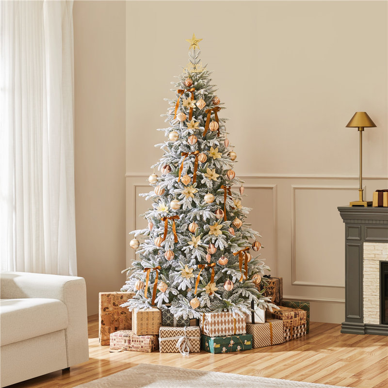 Pre-lit Snow Flocked Christmas Tree with Multicolored LED Lights of 9 Light Modes, 6'