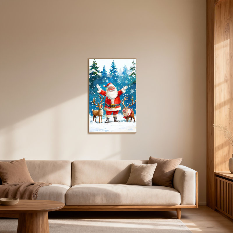 Noël père Noël avec renne dans la forêt enneigée, H 40 po x l 28 po