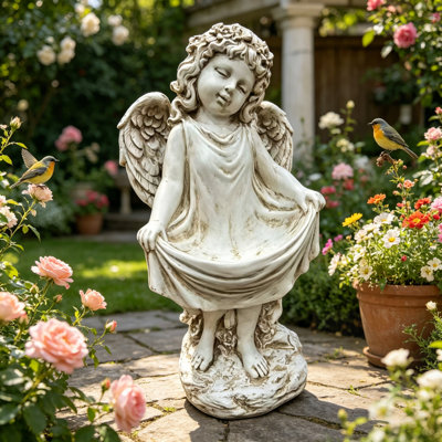 Grande statue de jardin d'ange chérubin patiné, figurine de sculpture en résine, ornement de jardin