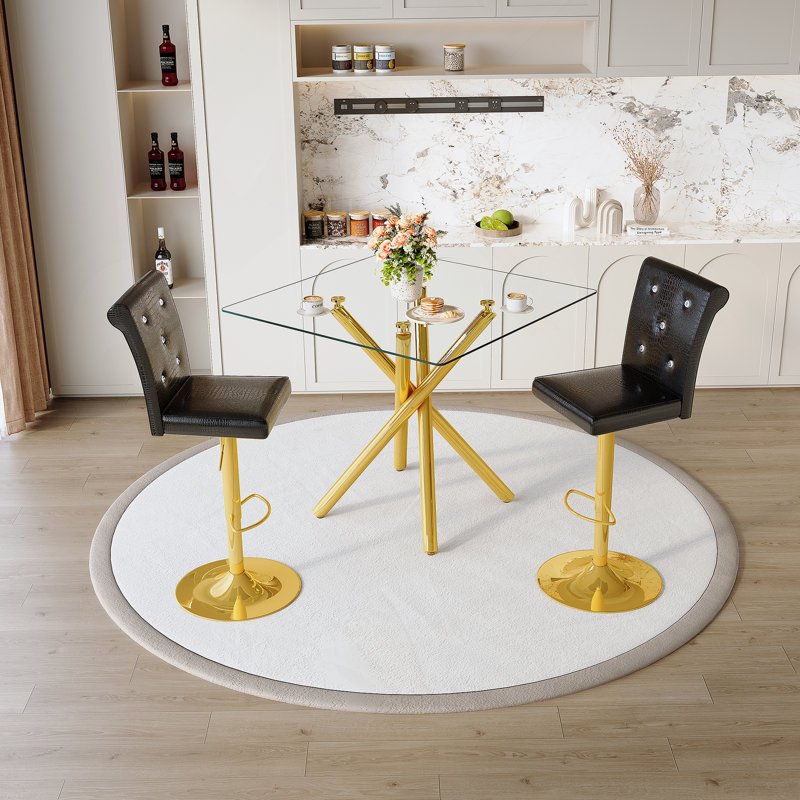 Table de bar moderne en verre et 2 tabourets de bar pivotants pour îlot de cuisine, bar personnel et petit espace, Noir, Or