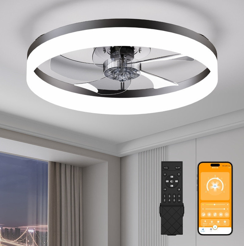 19.7 Inch Flush Mount LED Fandelier Ceiling Fan with Light, Smart Dual Remote & APP Control, 6 Adjustable Fan Speeds, Full Dimmable 3000K-6500K LED Light for Bedroom