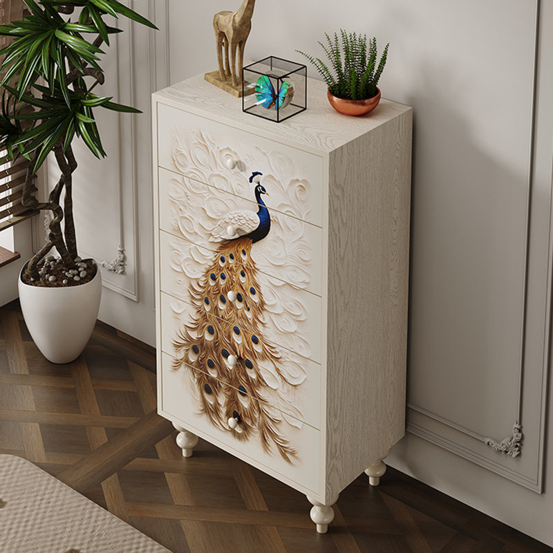 Hand-Painted Peacock Five-Drawer Accent Chest