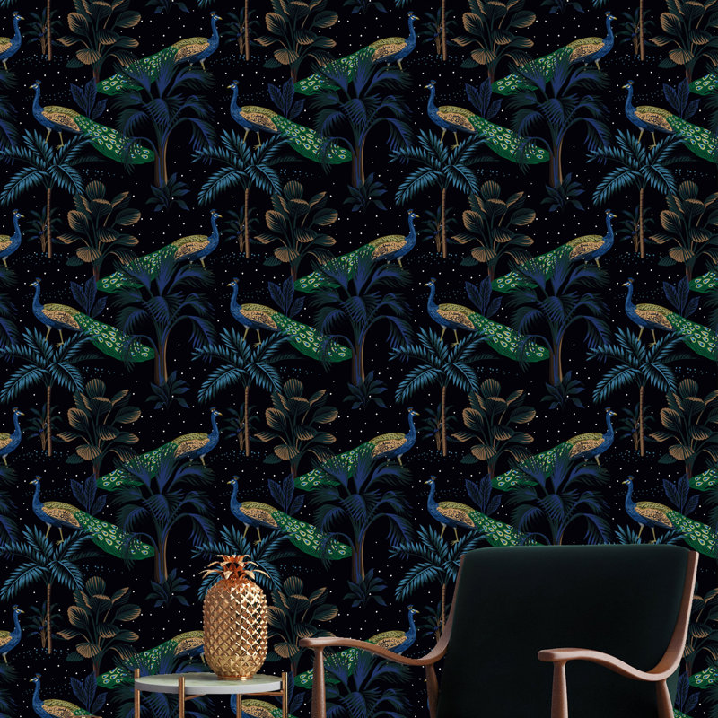 Rouleau de papier peint adhésif Tropical Night Peacock Bird, L 16,67 po x l 25 po