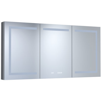 60 po Armoire à pharmacie en alliage d'aluminium argenté avec DEL miroir, horloge, affichage temps / température intégré