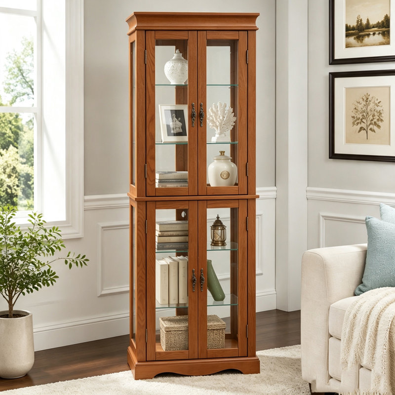 Vitrine lumineuse en verre avec poignées rétro, Oak