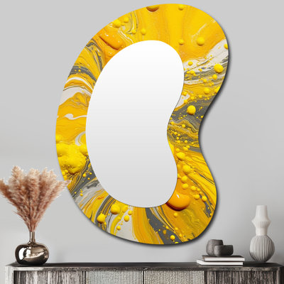 Gaten Yellow and Grey Cosmic Vibrations I - Abstract Unique Shape Large Mirror, Modern Asymmetrical Decorative Wall Mirror, Printed Metal Art