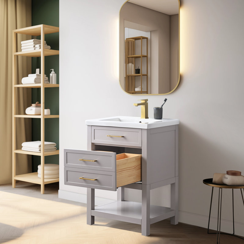 Vicini 24'' Single Vanity with Ceramic Top, Taupe / Brushed Gold