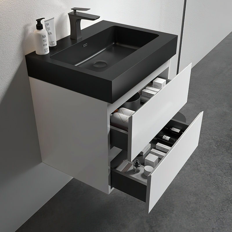 Kellswater X P 18,10 po P 25,20 po Meuble-lavabo mural H en bois de rose avec plateau, Noir, noir, noir, noir, White