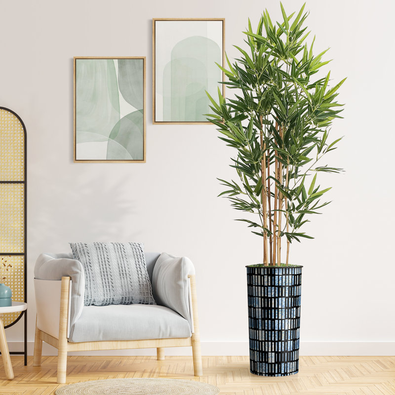Artificial Tree in Contemporary Blue Stripe Patterned Planter Fake Bamboo Silk Tree, Rectangle Blue