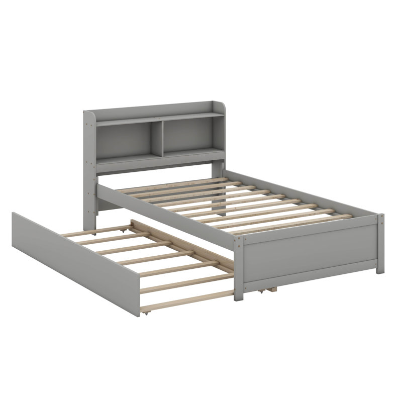 Twin Bed Frame With Storage Headboard, Trundle Bed, Gray