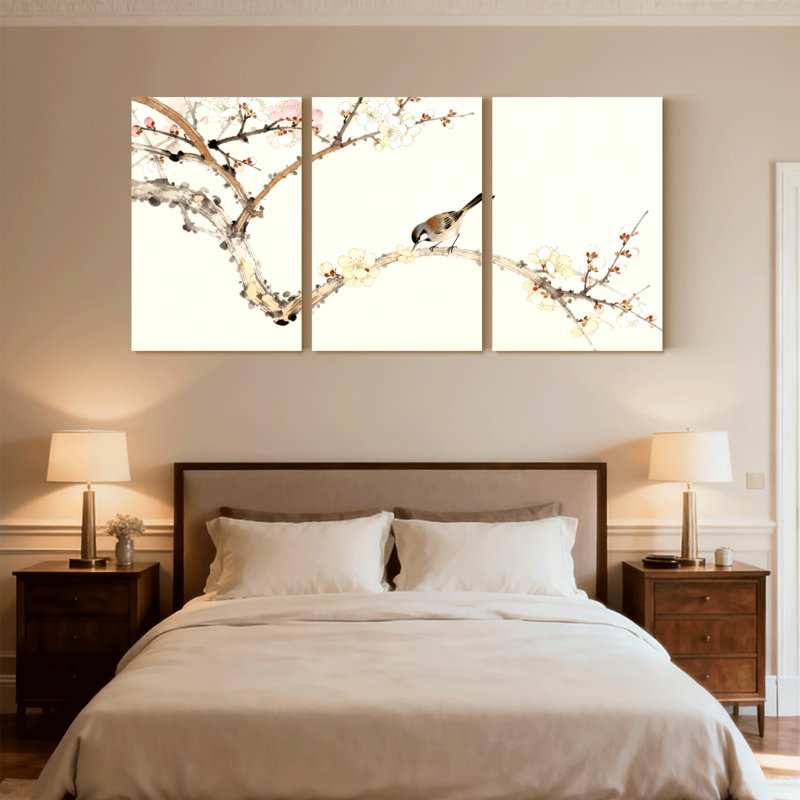Oiseaux perchés sur une branche de fleur, ensemble de 3 impressions sur toile, H 30 po x l 60 po