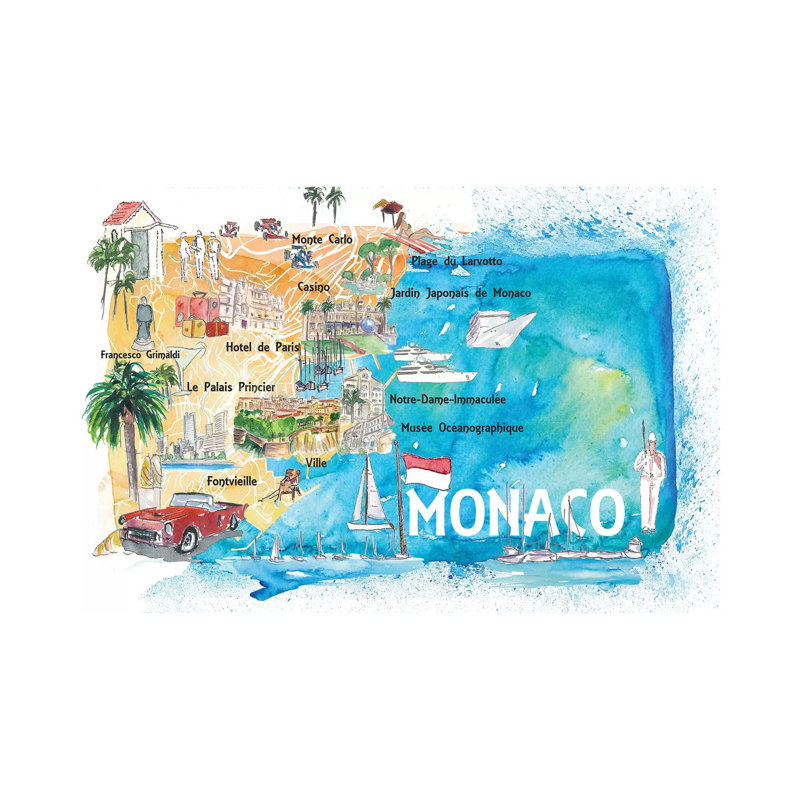 Monaco Monte Carlo Illustrated Map With Landmarks And Highlights, 20.32 cm H x 30.48 cm W