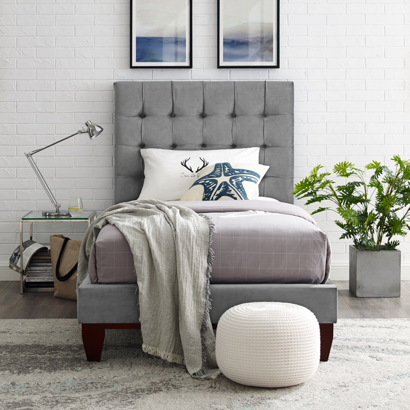 Ibison Bond Bedframe with Button Tufted Headboard, Gray, Velvet, Twin
