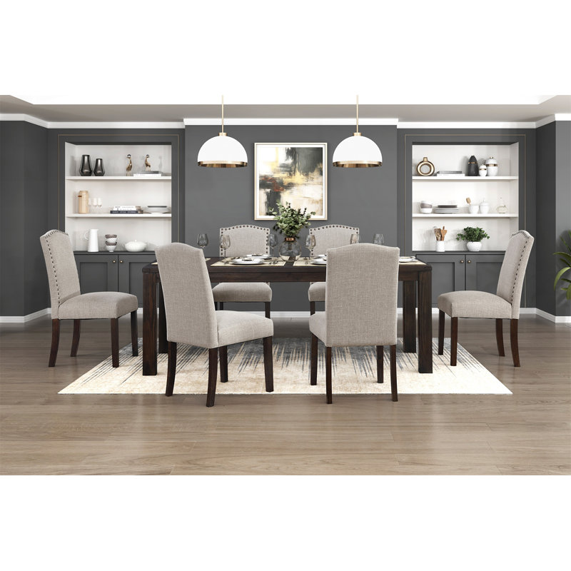 Ensemble de salle à manger 5 pièces brun foncé et tissu taupe avec chaises d'appoint 4X, Taupe, 5 pièces: table, 4 chaises