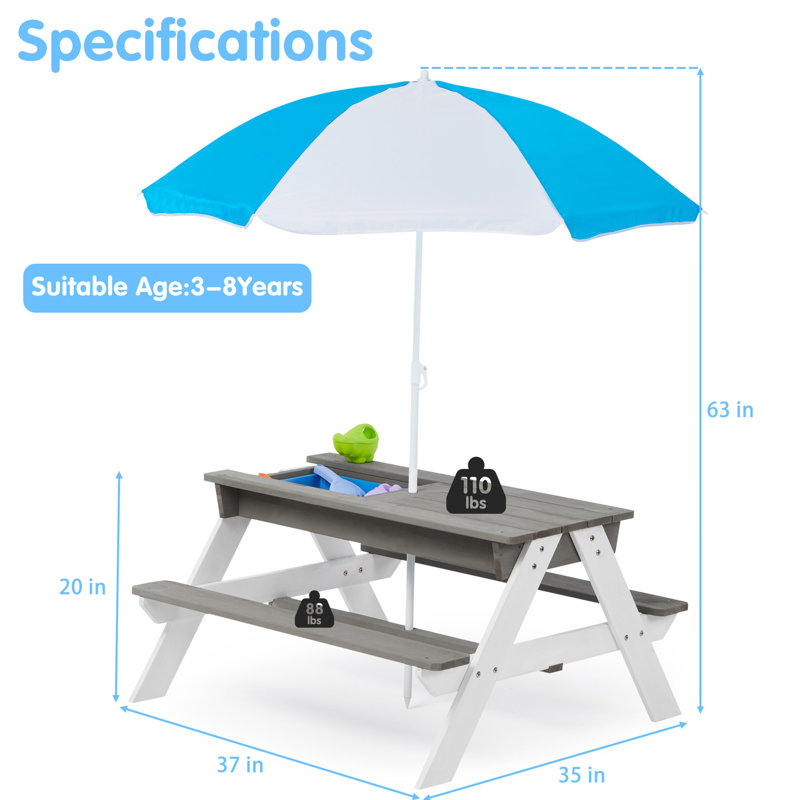 31 Table de pique-nique d'extérieur avec parasol - table de sable et d'eau convertible, gris, activité en bois naturel pliable