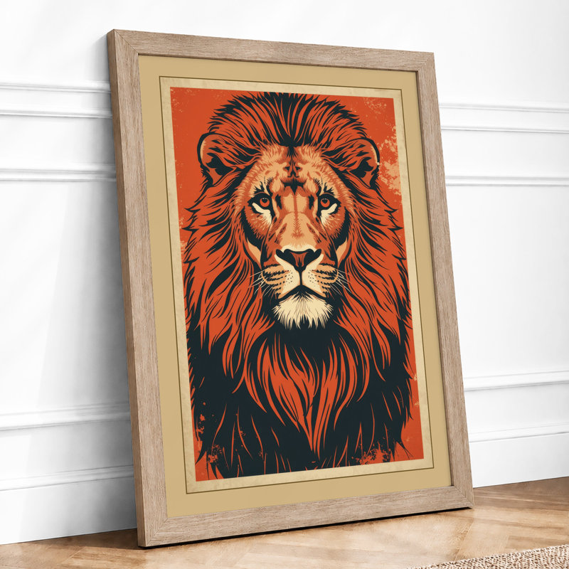 Lion Face Graphic - Framed Print, A3 - 42.0 x 29.7 cm, Oak