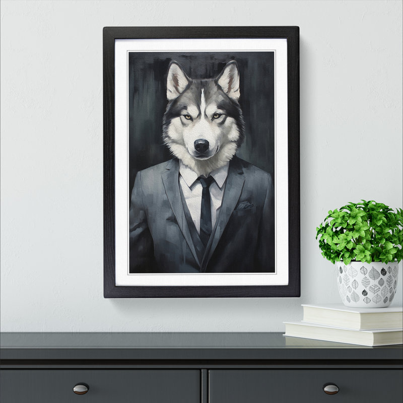 Husky In A Suit Painting - Single Picture Frame Print on Wood, Black Framed, 64cm H x 46cm W x 2cm D