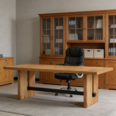 Solid Wood Teacher Desk, Rectangular Executive Office Desk Set