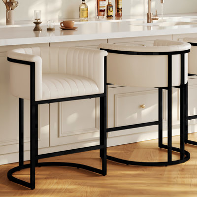 26" Counter Height Bar Stool Barrel Counter Stool With Backrest,Off White PU Leather Black Metal