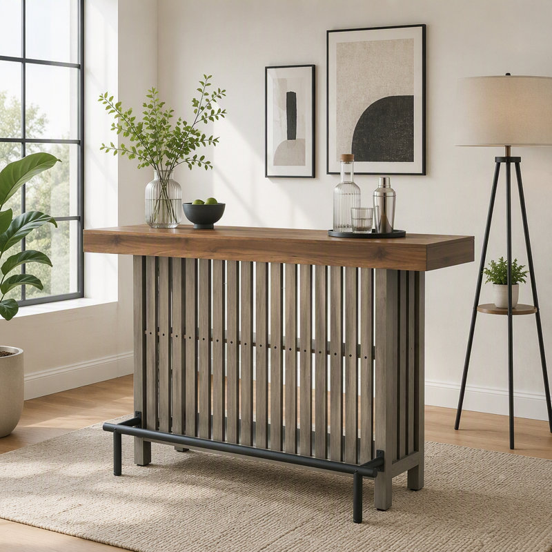 Buffet 3 en 1, table de comptoir et table de bar avec rangement pour bouteilles de vin, Gris/brun