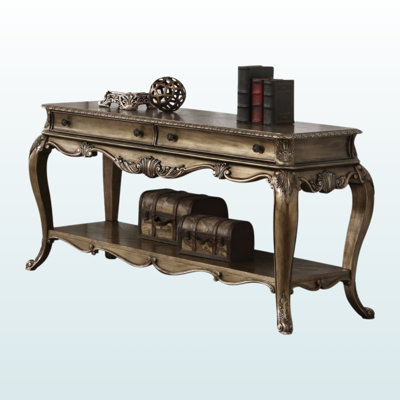 Wubin Vintage Oak Sofa Table – Elegant Wooden Functional Side Table with 2 Drawers, Open Compartment & Bottom Shelf