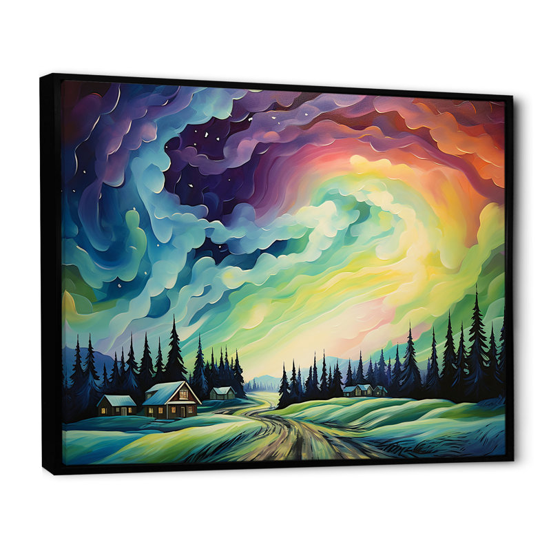 «Northern Lights Scenery Minimalisme I», reproduction sur toile, Cadre flottant noir, H 12 po x l 20 po x P 1 po