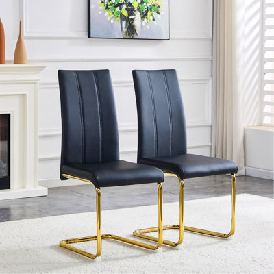 Ensemble de 2 chaises de salle à manger rembourrées en polyuréthane noir - Chaises d'appoint modernes à haut dossier avec pieds en tube de fer plaqué or de luxe pour la salle à manger, la cuisine et le salon