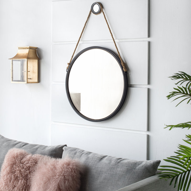 Miroir rond suspendu avec cadre noir et sangle de corde, 29,5 po x 29,5 po
