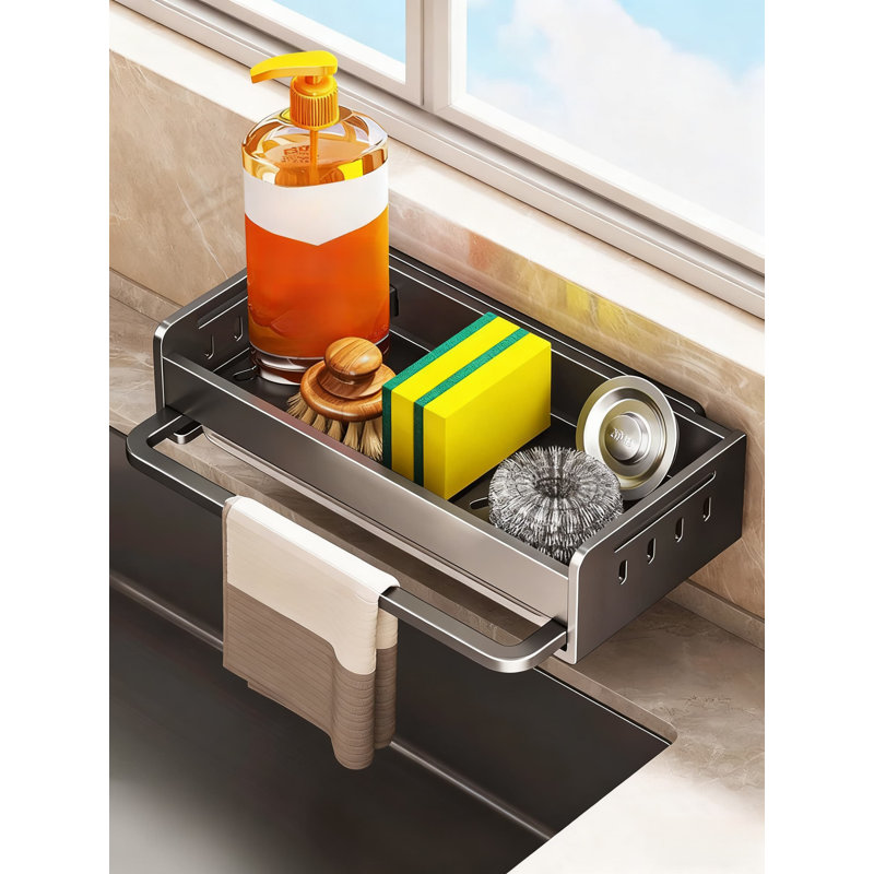Support de rangement mural pour évier de cuisine, facile à installer sans perçage, avec un bac de récupération d'eau et une tige de séchage, propre et bien rangé, adapté pour ranger les produits de nettoyage, les brosses et les chiffons, et peut également être utilisé dans la salle de bain pour ranger Bath Pro