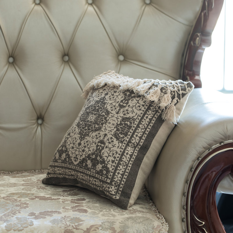 Beige Handwoven Cotton Throw Pillow with Tasseled Top