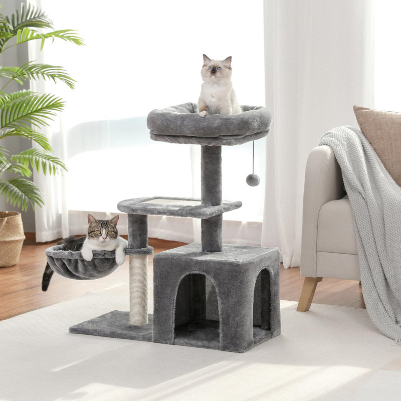 Tour à chat moyenne avec perchoir supérieur, appartement, hamac et plateforme à gratter