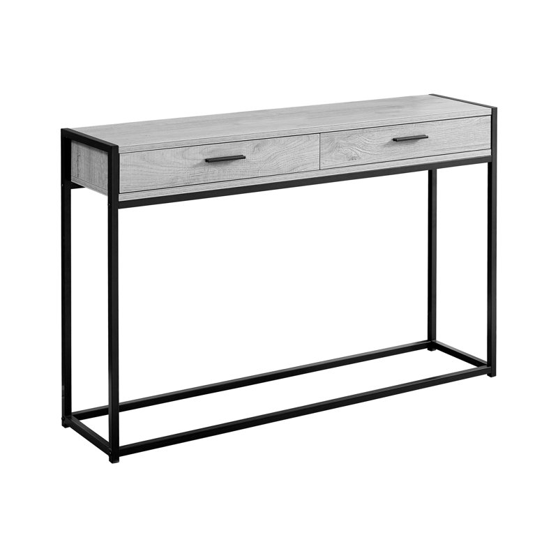 Table d'appoint contemporaine avec rangement, stratifié gris et métal noir, pour pieds de hall d'entrée en métal, tiroir de rangement