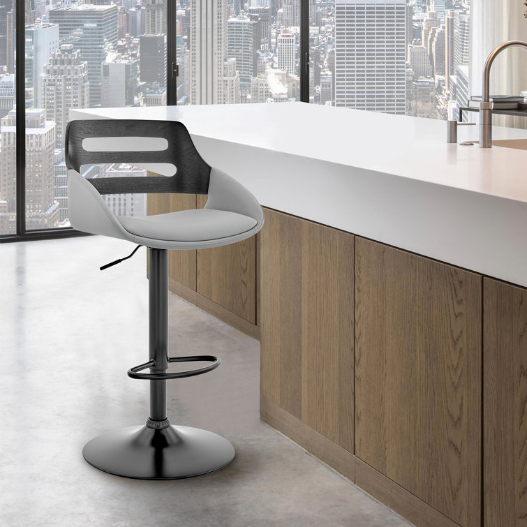 Swivel Adjustable Height Bar Stool with Pedestal Metal Base in Faux Leather and Wood