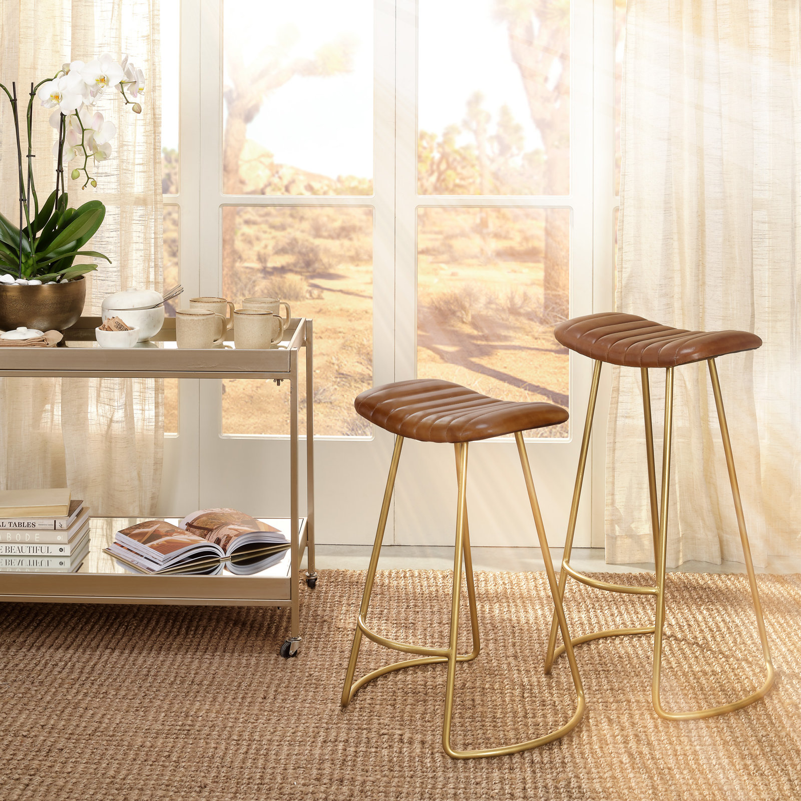 Marianna Upholstered Counter Stool with Metal Frame, Natural Genuine Leather / Antique Brass Frame