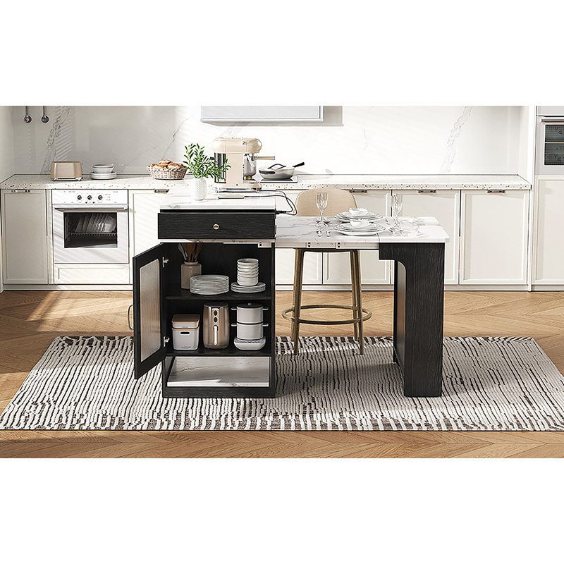 Îlot de cuisine 59,5 po avec table de salle à manger extensible, table de rangement avec rangement double-face, îlot de cuisine avec 2 tiroirs, prise de courant, tablettes latérales ouvertes, pour la cuisine, la salle à manger, noir