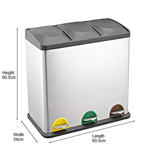 Dakyla Stainless Steel Step On Multi-Compartment Rubbish & Recycling Bin, 60.5cm H x 60.5cm W x 34cm D, 60