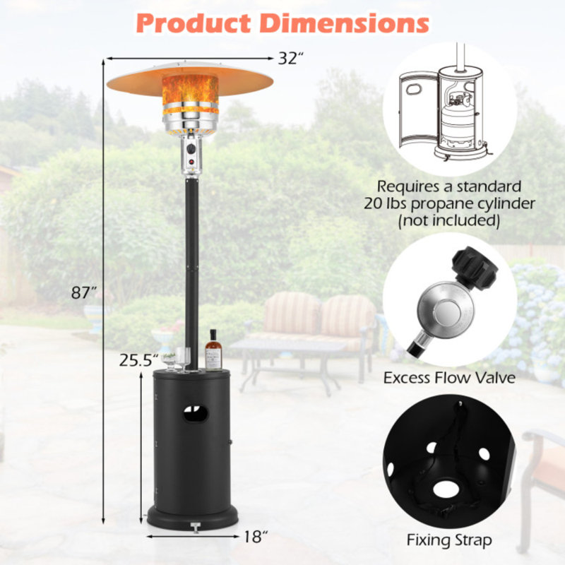 Chauffe-terrasse extérieur au propane 50000 BTU avec conception de table ronde et roues, Noir