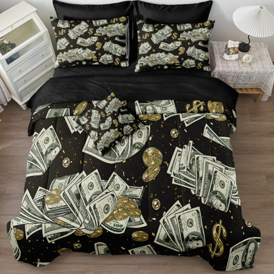 8 Pieces Bed in a Bag Bill Cash Comforter Set Full Size USA Money Dollar Comforter Set Gold Coins Bedding Set with 1 Comforter, 4 Pillowcases, 1 Flat Sheet, 1 Fitted Sheet, 1 Cushion Cover