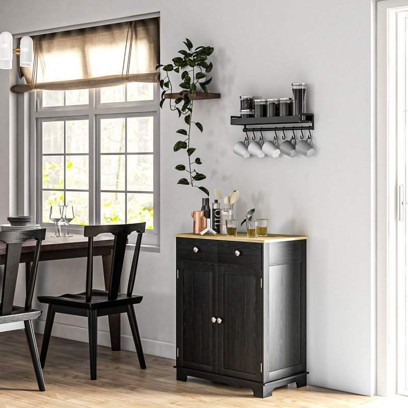 Buffet moderne avec plateau réglable - comptoir en bois massif, 2 tiroirs, portes avec tiroirs d'armoire de cuisine noir patiné, tablette pour