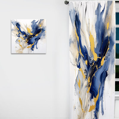 Dark Blue And Gold Strokes IX - Fractals Curtain - Blackout Abstract Curtain - 1 Panels