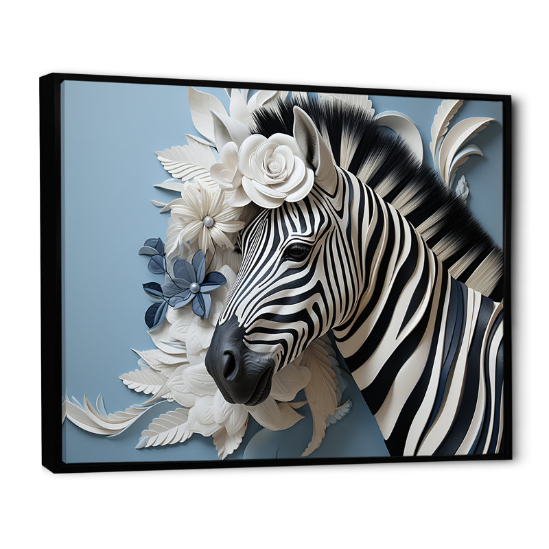 Zèbre noir et bleu de couleur pop III sur toile, Cadre flottant noir, H 12 po x l 20 po x P 1 po