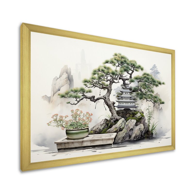 Japon Art Meditative Green Bonsai I - Japan Art Canvas Prints, H 12 po x l 20 po x P 1 po, Cadre doré à une seule photo
