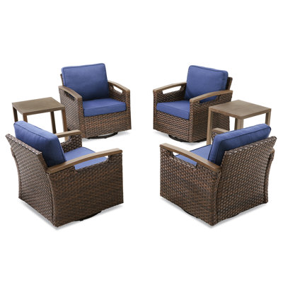 Ensemble de meubles d'extérieur 6 pièces de qualité supérieure, 4 chaises berçantes pivotantes et 2 tables d'appoint élégantes, collection en osier PE toutes saisons pour patio, jardin, cour et bord de piscine